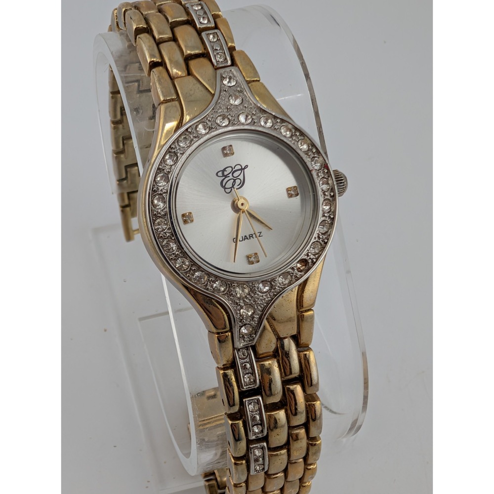 Elizabeth Taylor Watch Women 25mm Gold Case Rhinestones 7.5" Band- New Battery
